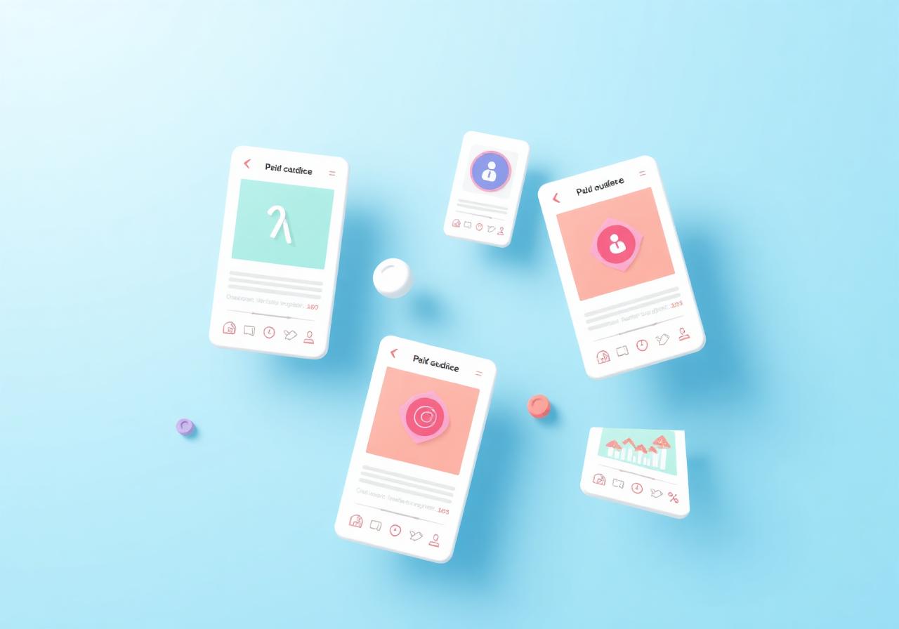 Paid social ad campaign cards floating with engagement metrics